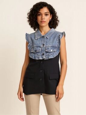 Ruffle Denim Contrast Longline Vest